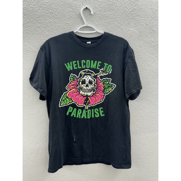 Unbranded Mens T-Shirt Size Large Black Graphic Flower Skull ShortSleeve Paradis - Picture 1 of 10